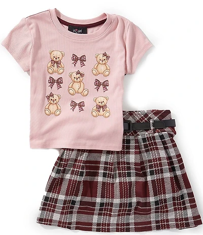 I.N. Girl Little Girls Short-Sleeve Bear/Bow Printed T-Shirt & Plaid Skirt Set