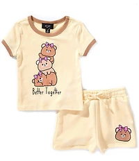 I.N. Girl Little Girls Short-Sleeve #double;Better Together#double; Bear Tee & Pull-On Matching Shorts Set