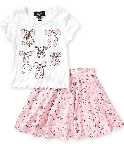 I.N. Girl Little Girls Short-Sleeve Bow Lettuce Edge T-Shirt & Ditsy-Floral-Printed Skirt Set