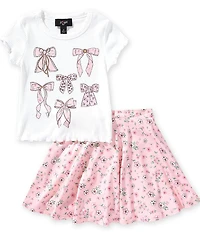 I.N. Girl Little Girls Short-Sleeve Bow Lettuce Edge T-Shirt & Ditsy-Floral-Printed Skirt Set
