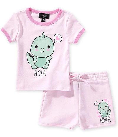 I.N. Girl Little Girls Short Sleeve #double;Hola#double; Dinosaur Tee & Pull-On #double;Adios#double; Shorts Set