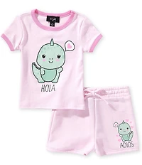 I.N. Girl Little Girls Short Sleeve #double;Hola#double; Dinosaur Tee & Pull-On #double;Adios#double; Shorts Set