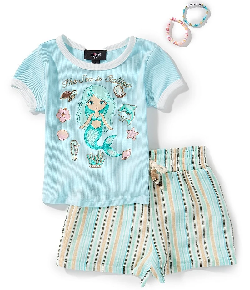 I.N. Girl Little Girls Short Sleeve Mermaid T-Shirt & Striped Shorts Set