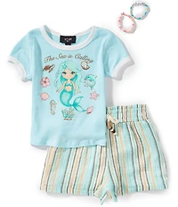 I.N. Girl Little Girls Short Sleeve Mermaid T-Shirt & Striped Shorts Set