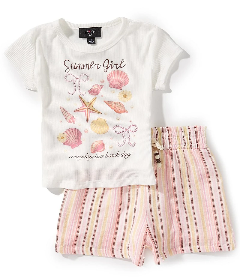 I.N. Girl Little Girls Short-Sleeve Summer Girl T-Shirt & Striped Shorts Set