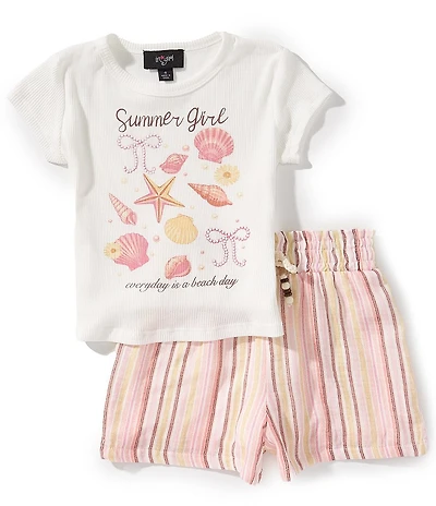 I.N. Girl Little Girls Short-Sleeve Summer Girl T-Shirt & Striped Shorts Set