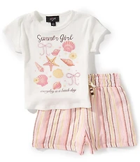 I.N. Girl Little Girls Short-Sleeve Summer Girl T-Shirt & Striped Shorts Set