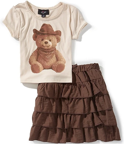 I.N. Girl Little Girls Short Sleeve Teddy T-Shirt & Ruffle Tiered Skirt Set