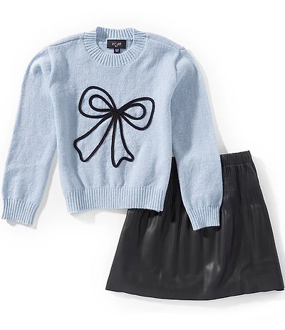 I.N. San Francisco Big Girls Long Sleeve Bow Graphic Sweater & Pleated Skirt Set