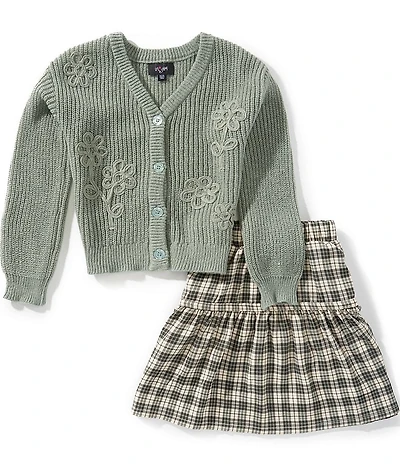 I.N. San Francisco Big Girls Long Sleeve Floral Cardigan & Ruffle Tier Skirt Set