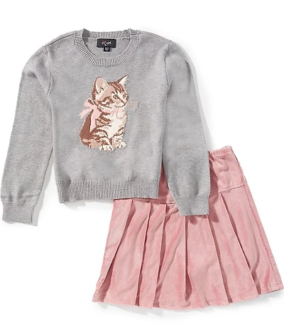 I.N. San Francisco Big Girls Long Sleeve Kitty Graphic Top & Plaid Skirt Set