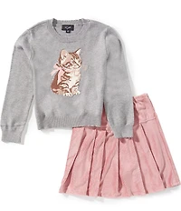 I.N. San Francisco Big Girls Long Sleeve Kitty Graphic Top & Plaid Skirt Set