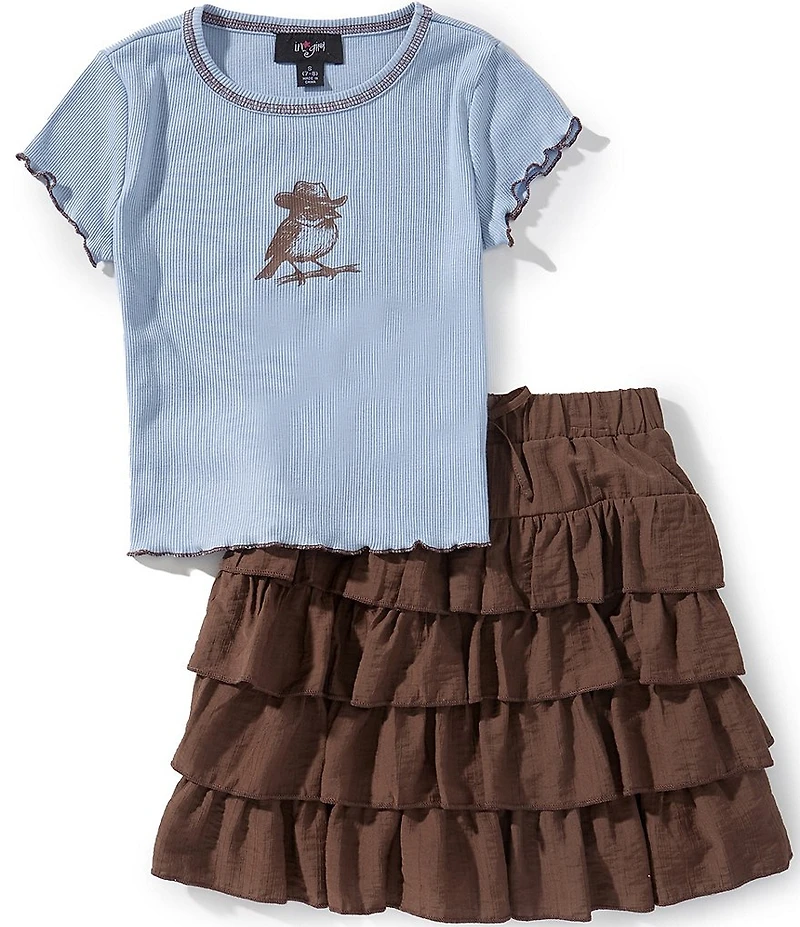 I.N. San Francisco Big Girls Birdy Short Sleeve T-Shirt & Ruffle Tiered Skirt Set