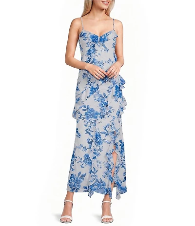 I.N. San Francisco Floral Print Flutter V-Neck Asymmetrical Ruffle Maxi Dress