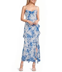 I.N. San Francisco Floral Print Flutter V-Neck Asymmetrical Ruffle Maxi Dress