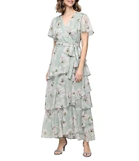 Ignite Evenings Floral Print Chiffon Tiered Long Dress