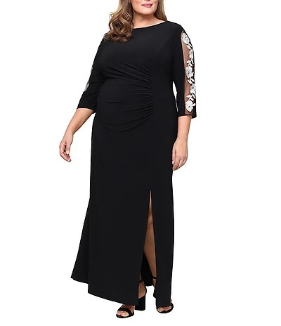 Ignite Evenings Plus Size Matte Jersey Embroidered 3/4 Sleeve Ruched Gown