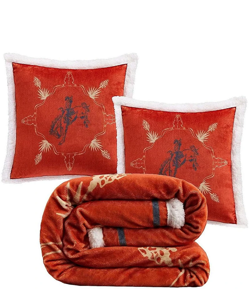 Indigo Hill by HiEnd Accents Marfa Campfire Sherpa Bucking Bronco Accent Pillows and Blanket Set