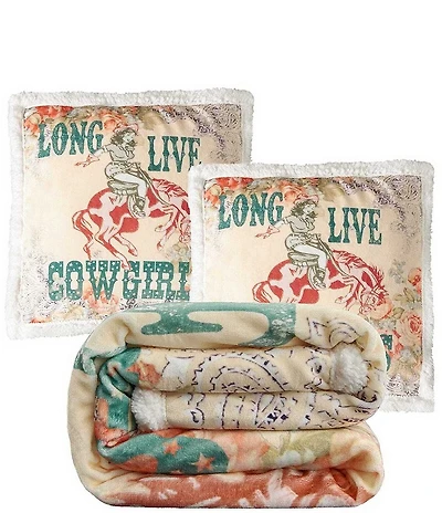Indigo Hill by HiEnd Accents Rodeo Revival #double;Long Live Cowgirls Campfire Sherpa Accent Pillow and Blanket Set