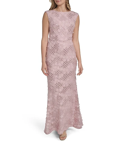 Jessica Howard 3D Floral Extended Shoulder Long Gown