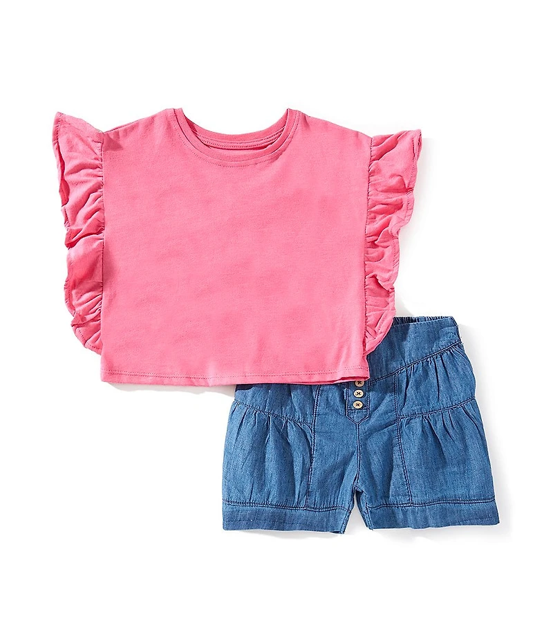 Jessica Simpson Little Girls Crew Neck Ruffle T-Shirt & Denim Ruffle Shorts Set