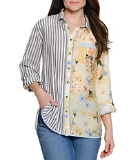 John Mark Stripe Patchwork Floral Mixed Print Point Collar Long Roll-Tab Sleeve Button Front Shirt