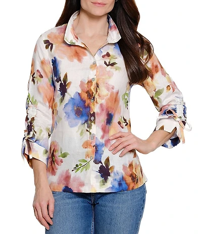 John Mark Watercolor Floral Print Wire collar 3/4 Sleeve Button-Front Blouse