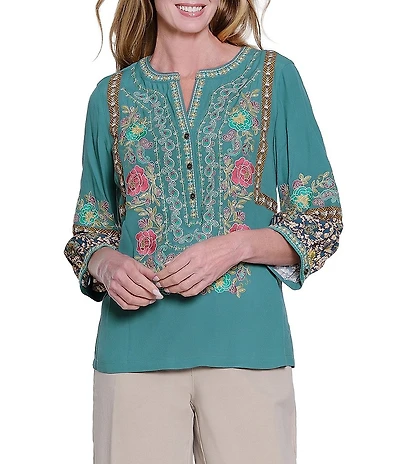 John Mark Woven Embroidered Floral Y-Neck 3/4 Lantern Cuffed Sleeve Popover Tunic