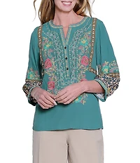 John Mark Woven Embroidered Floral Y-Neck 3/4 Lantern Cuffed Sleeve Popover Tunic