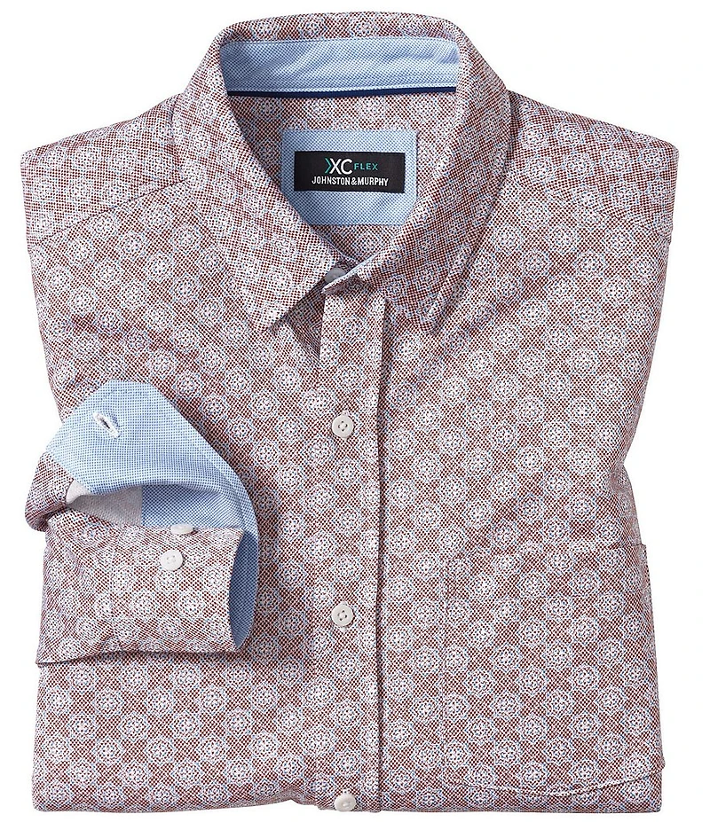 Johnston & Murphy XCFlex Birdseye Tile Print Long-Sleeve Woven Shirt