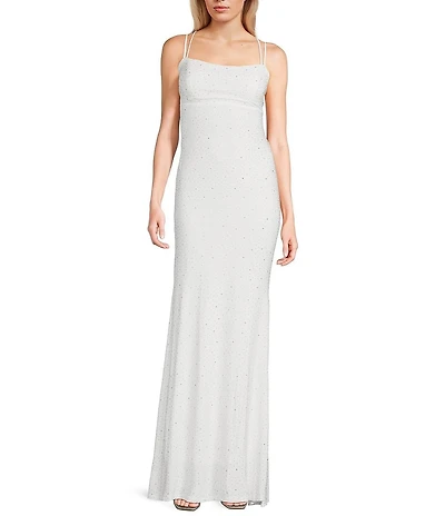 Jump Rhinestone Square Neck Spaghetti Strap Lace Up Back Gown