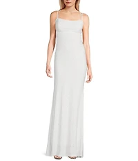 Jump Rhinestone Square Neck Spaghetti Strap Lace Up Back Gown