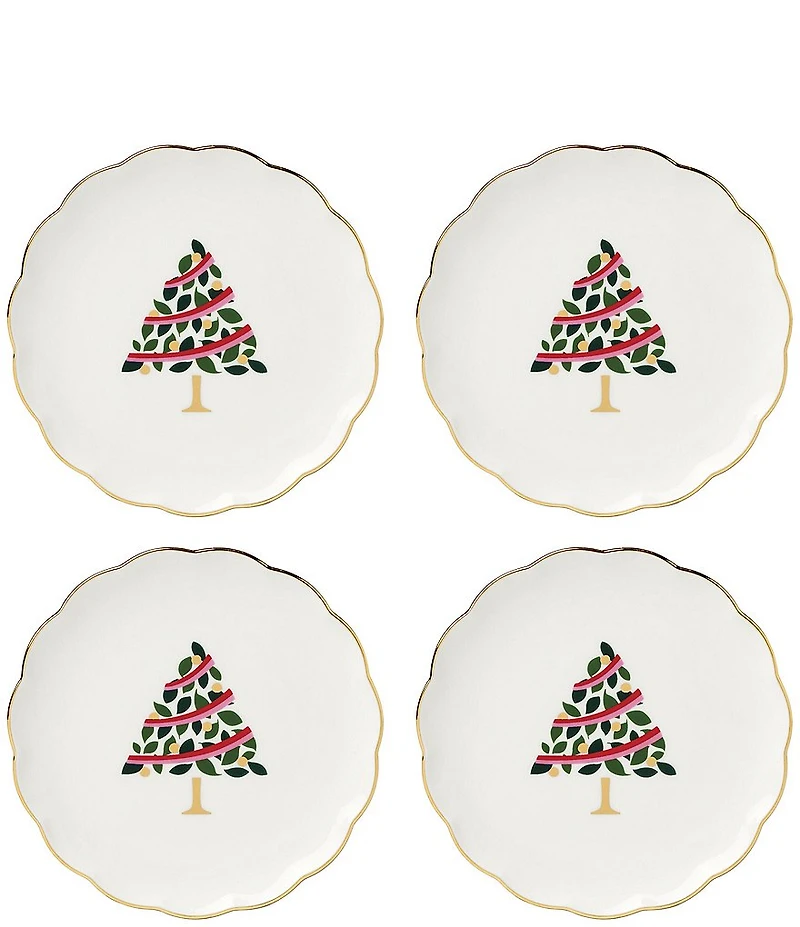 kate spade new york Evergreen Collection Scalloped Holly Leaf Decal Tidbit Plates, Set of 4