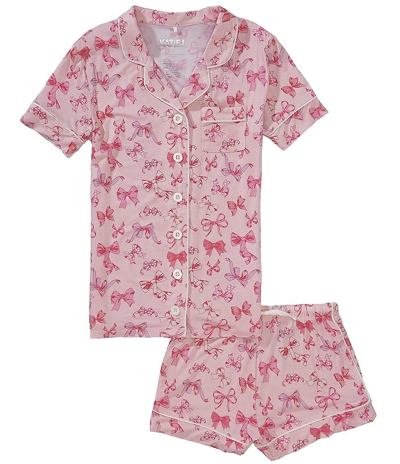 KatieJNYC Big Girls Lynn Bow Print Short Sleeve Collared Button Front Top & Pajama Shorts Set