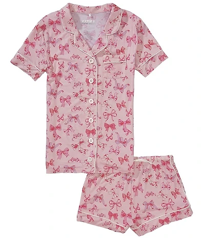 KatieJNYC Big Girls Lynn Bow Print Short Sleeve Collared Button Front Top & Pajama Shorts Set