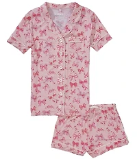 KatieJNYC Big Girls Lynn Bow Print Short Sleeve Collared Button Front Top & Pajama Shorts Set