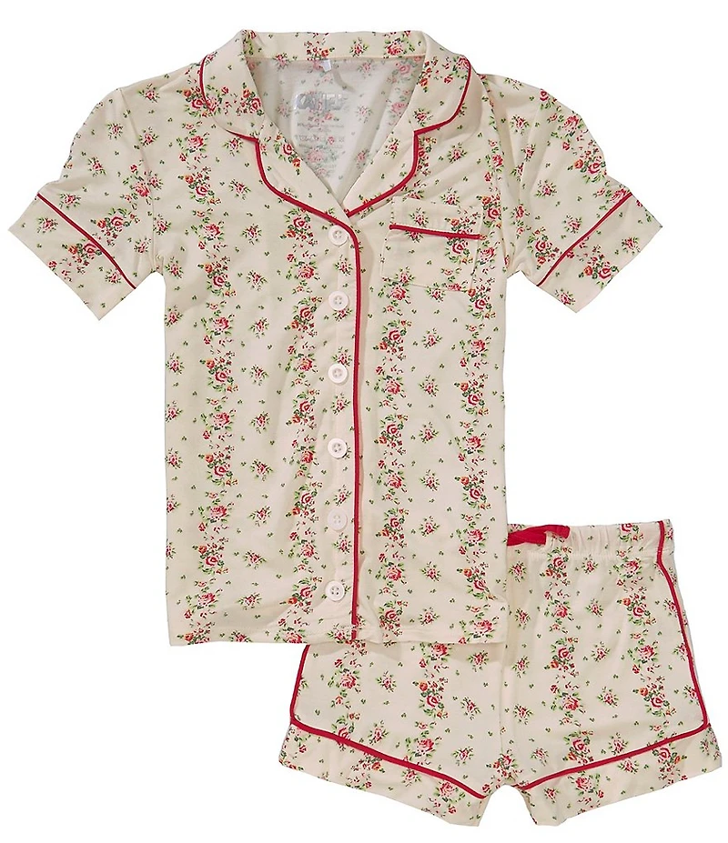 KatieJNYC Big Girls Lynn Shabby Chic Floral Print Short Sleeve Button Front Top & Pajama Shorts Set