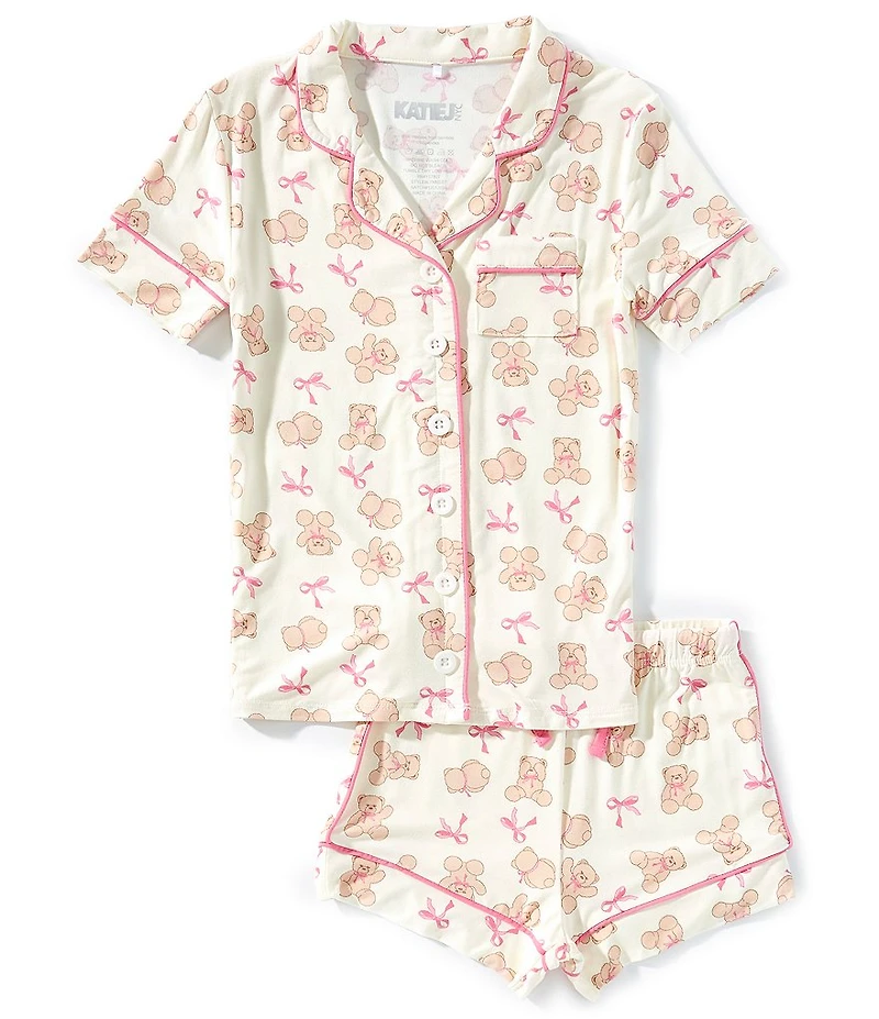 KatieJNYC Big Girls Lynn Teddy Bear Print Short Sleeve Button Front Top & Pajama Shorts Set