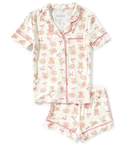 KatieJNYC Big Girls Lynn Teddy Bear Print Short Sleeve Button Front Top & Pajama Shorts Set