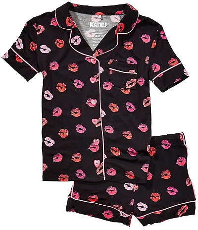 KatieJNYC Big Girls Lynn Kissy Lips Print Short Sleeve Button Front Top & Pajama Shorts Set