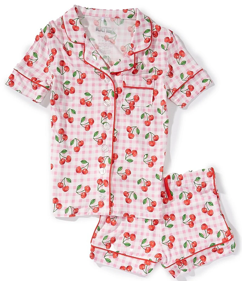 KatieJNYC Big Girls Lynn Gingham Cherry Print Short Sleeve Button Front Top & Pajama Shorts Set