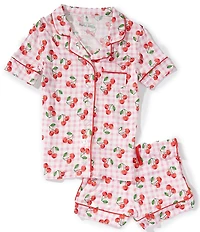 KatieJNYC Big Girls Lynn Gingham Cherry Print Short Sleeve Button Front Top & Pajama Shorts Set