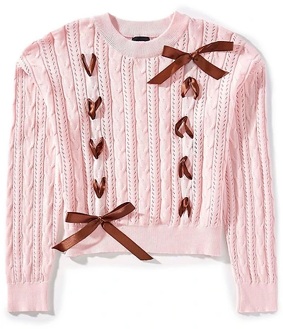KatieJNYC Big Girls Ribbon-Accented Long Sleeve Cable-Knit Sweater