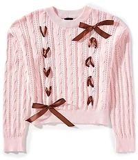 KatieJNYC Big Girls Ribbon-Accented Long Sleeve Cable-Knit Sweater