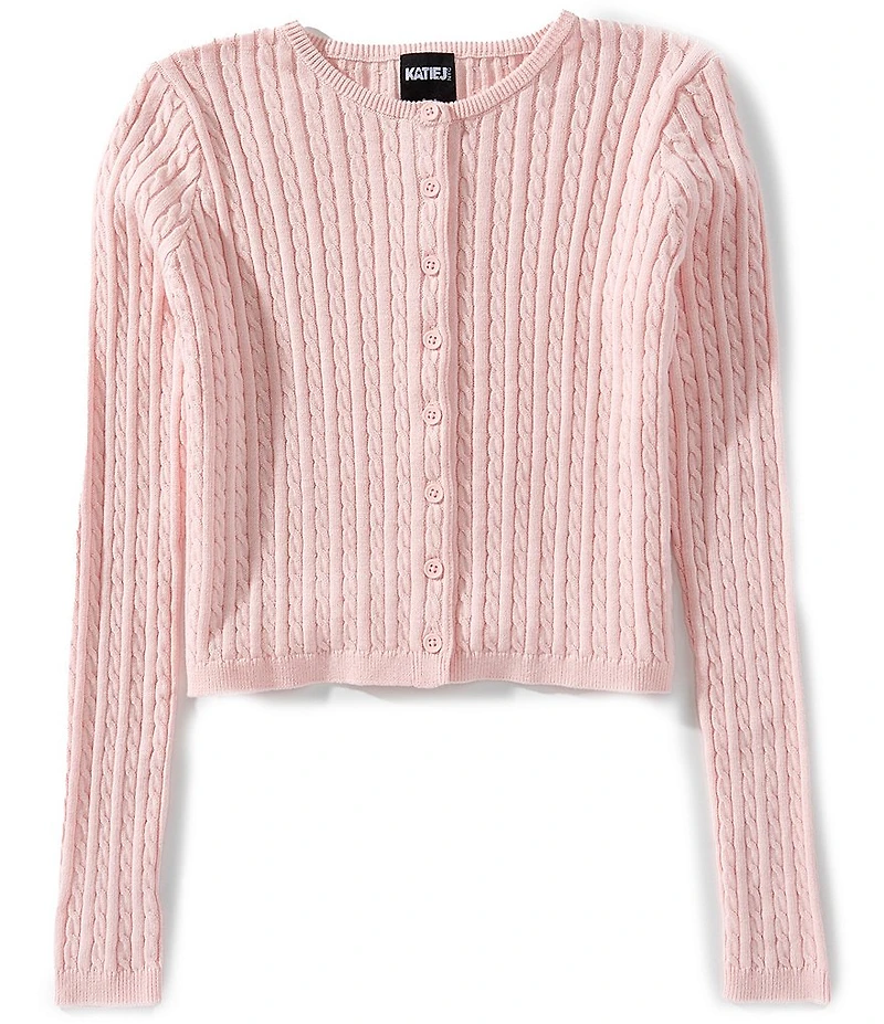 KatieJNYC Big Girls Rory Crew Neck Cable Knit Cardigan Sweater