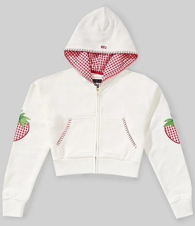 KatieJNYC Big Girls Strawberry Applique Leah Crop Zip Up Hoodie
