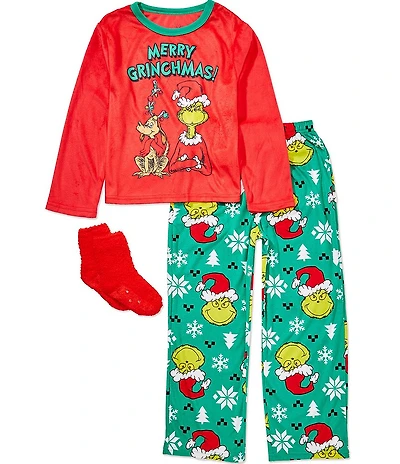 Komar Kids Grinch Little/Big Boys Long Sleeve Christmas Grinch Fleece Pullover & Pajama Pants with Matching Socks Set