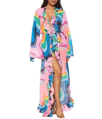Kurt Geiger London Kensington Swirl Multi Color V-Neck Caftan Swim Cover-Up
