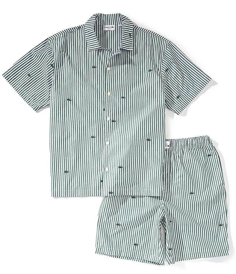 Lacoste Striped Crocodile Printed Poplin Shirt & 8#double; Inseam Shorts Pajama Set