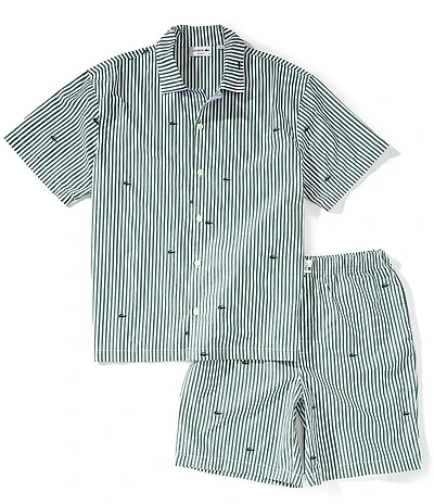 Lacoste Striped Crocodile Printed Poplin Shirt & 8#double; Inseam Shorts Pajama Set